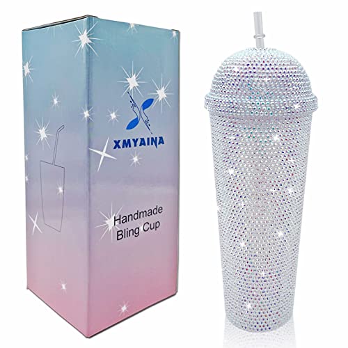 XMYAINA 24oz Bling Cup Handmade Rhinestones Studded Tumbler Double Wall Insulated Plastic Reusable Water Bottle with Lid and Straws for Home Office Party Beach(Milk White)