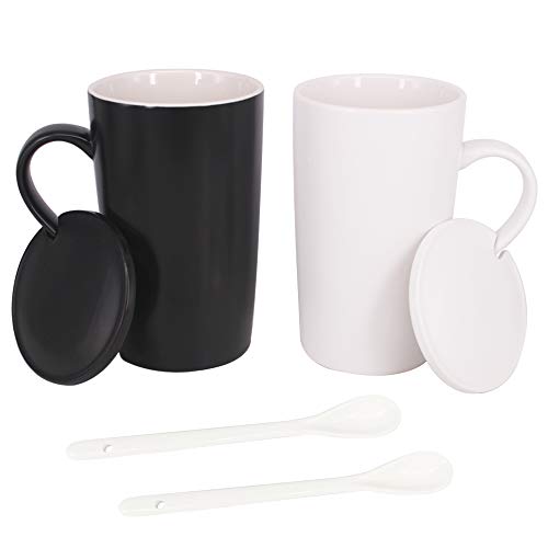 BPFY 16oz Set of 2 Ceramic Coffee Mug with Lid and Spoon Milk Cup Classic Mug Drinking Cups for Tea Coffee Cocoa Black and White Marriage or Couples (16oz)