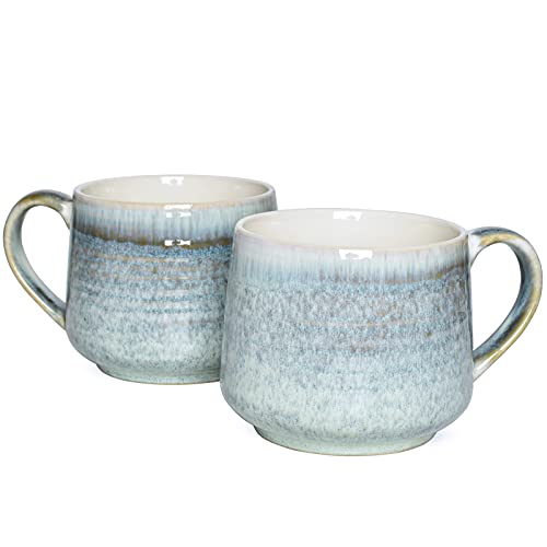 Bosmarlin Large Ceramic Wide Coffee Latte Mug Set of 2 18 Oz Big Stoneware Tea Cup for Office and Home Dishwasher and Microwave Safe (Willow Green 2)