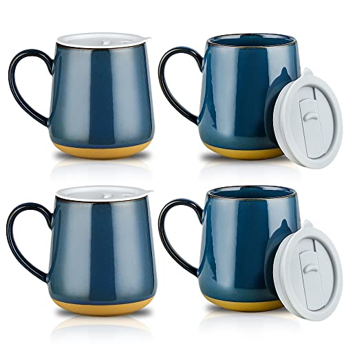 HVH Ceramic Coffee Mug with Lid 17oz Coffee Mugs Set of 4 Ceramic Coffee Cups Set with Large Handle Large Ceramic Mug with Lid for Coffee Tea and More Farmhouse Style (Blue)