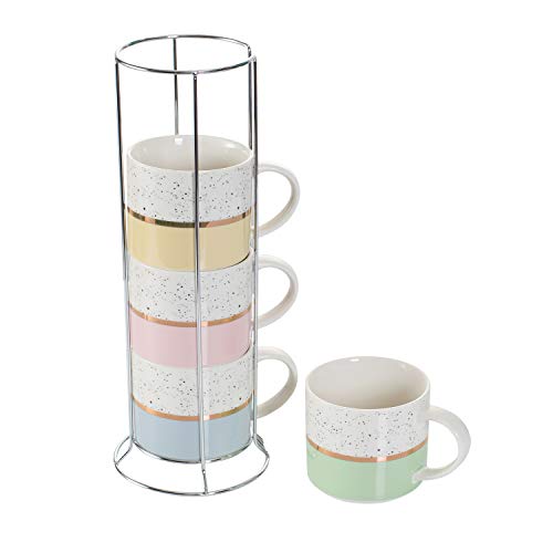 Hasense Stackable Coffee Mugs Set of 4 with Metal Stand 15 Ounce Large Stacking Ceramic Cups with Rack Perfect for Coffee Cocoa Latte Milk and Tea Assorted Color