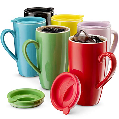 MITBAK 6Pack Ceramic Coffee Mug Set with Lids (16Ounce)  Large Colored Tumbler Mugs Great for Taking Your Coffee  Tea ToGo  Large Insulated Mug Set Excellent Choice for Camping Travel  Office