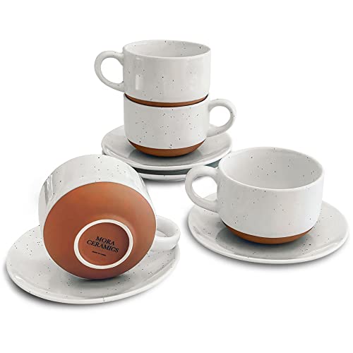 Mora Ceramics 8oz Cappuccino Mug Set of 4  Ceramic Coffee Cups with Saucers  Microwave and Dishwasher Safe Perfect For Tea Espresso Latte  Porcelain Mugs for Kitchen or Cafe  Vanilla White