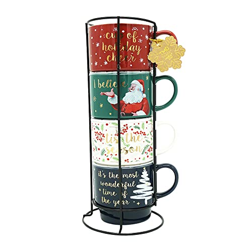 TMD Retail  Stackable Christmas Coffee Mugs  Set of 4 with Metal Stand  15 oz Cappuccino Cups for Specialty Coffee Drinks and Tea (Multi Christmas Sayings)