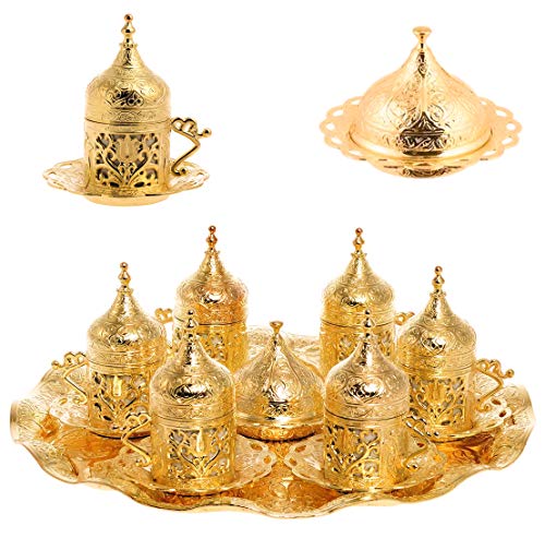 Alisveristime Ottoman Turkish Greek Arabic Espresso Coffee Cups with Saucer and Lid (Set of 6) (Lale) (Gold)