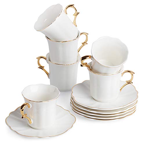 BTaT Small Espresso Cups and Saucers Set of 6 Demitasse Cups (24 oz) with Gold Trim and Gift Box Small Coffee Cup White Espresso Cup Turkish Coffee Cup Porcelain Espresso Cup