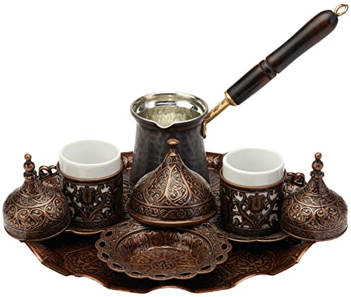 DEMMEX 2022 Turkish Greek Arabic Coffee Full Set with Cups Saucers Sugar Bowl Tray and Copper Coffee Pot 12 Pcs
