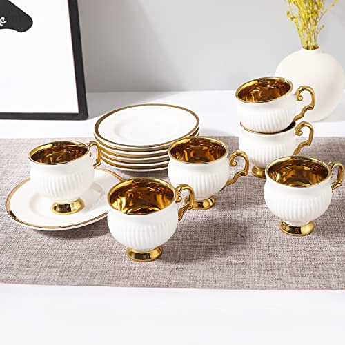 MOEVERLIW Tea Cup and Saucers Set 35 Oz Espresso Cups with Golden Liner Small Turkish Coffee Mugs Set of 6