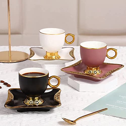 Ribbon Small Espresso Cups and Saucers Set of 6 Demitasse Cups Turkish Coffee Cups Espresso Set Small Coffee Cups (27 OZ) 80 ml (Black)