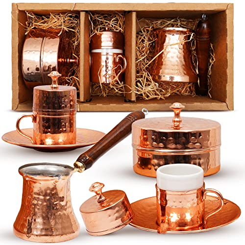 Turkish Coffee Set  Turkish Coffee Maker Set w 2 Cups Sugar Dish Copper Turkish Coffee Pot (Cezve)  Traditional Turkish Gifts in A Box  Coffee Gifts for Coffee Lovers