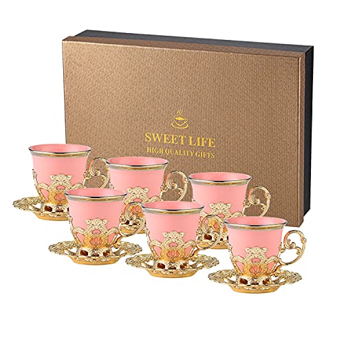 Turkish Tea Cup Set of 6 Espresso Turkish Coffee Cups with Metal Holders and Saucers Tea Cups And Saucers 28 Ounces Turkish Coffee Cup Set for Women