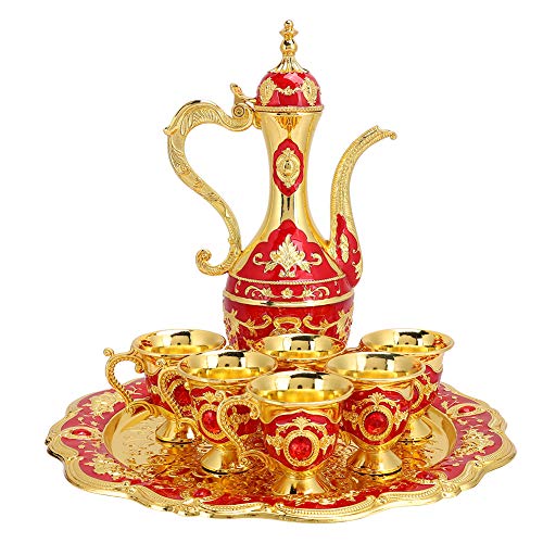 Vintage Turkish Coffee Pot SetTea Sets for Women with Teapot Tray and 6 Cups Craft Decorations Flagon Set Turkish Coffee Cup Set Turkish Teapot for Home Decor for Relatives and Friends (Red)