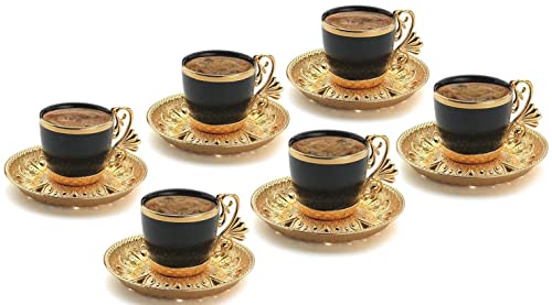(Set of 6) Demmex Turkish Greek Arabic Coffee Espresso Demitasse Cup Saucer Spoon Set Black Cups (Gold)