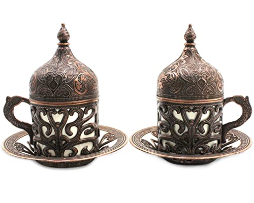 Copper Color 2 Pcs Turkish Greek Arabic Moroccan Coffee Cups  2 Cups Consists of 8 Pcs Casting Carving Espresso Cup with Inner Porcelain Metal Holder Plate Saucer and Lid  Best Gift Idea