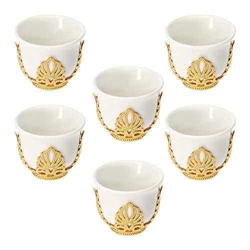 Turkish Espresso Cup Set of 6 Arabic Turkish Greek Coffee Mirra Porcelain Cups with Holders (Premium Gold Porcelain)
