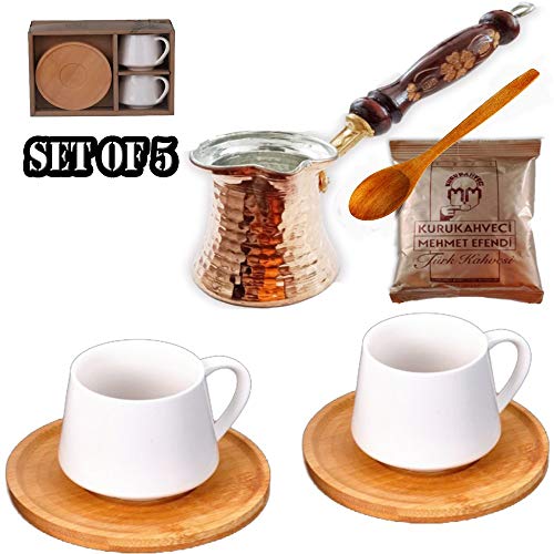 Turkish Greek Arabic Coffee Espresso Cup Saucer Porcelain Set  Turkish Coffee and Turkish Coffee Forged Handmade Hammered Copper Pot  Premium Gift Set