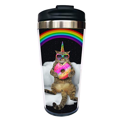 Waldeal Cat Unicorn Travel Coffee Mug with Flip Lid Caticorn Rainbow Stainless Steel Tumbler Cup Water Bottle 15 OZ Funny Mug for Men Women Friends