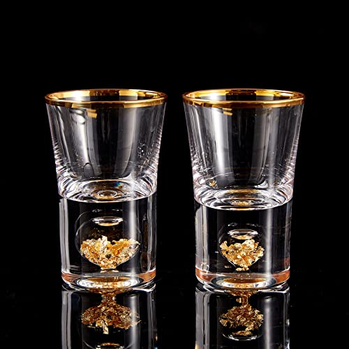 DUJUST Shot Glasses (15oz) Crystal Shot Glass Set Decorated with 24K Gold Leaf Flakes Cool  Cute Shot Cups BPAFree  LeadFree Perfect for Décor  Collection Gift Choices  2 pcs