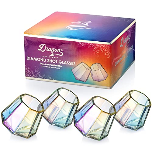 Dragon Glassware Shot Glasses Iridescent Diamond Shaped Glass Set Cute and Unique Barware Naturally Aerates Dishwasher Safe 2oz Capacity Set of 4