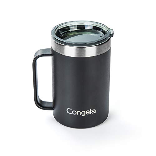 Congela 18oz BLACK stainless steel insulated coffee mug with handle tea cup with clear Tritan lid(Black18oz)