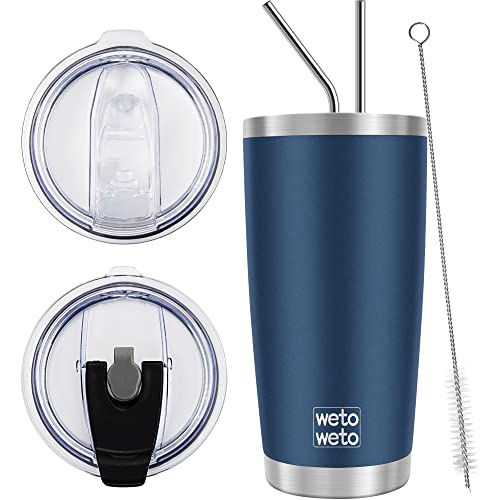 WETOWETO 20oz Tumbler with 2 lids and 2 straws Stainless Steel Vacuum Insulated Water Coffee Tumbler Cup Double Wall Powder Coated SpillProof Travel Mug Thermal Cup (Navy Blue 1 Pack)
