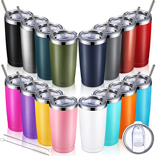 16 Pack Insulated Travel Tumblers 20 Oz Stainless Steel Tumbler Cup with Lid and Straw Powder Coated Coffee Mug for Cold and Hot Drinks(Mutil Colors)