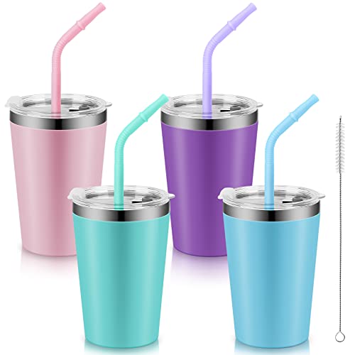 Rommeka Kids Stainless Steel Tumblers with Lids and Straws  12oz Double Wall Spill Proof Insulated Cup Reusable Drinking Smoothie Toddler Sippy Cups for Boys and Girls 4 Pack