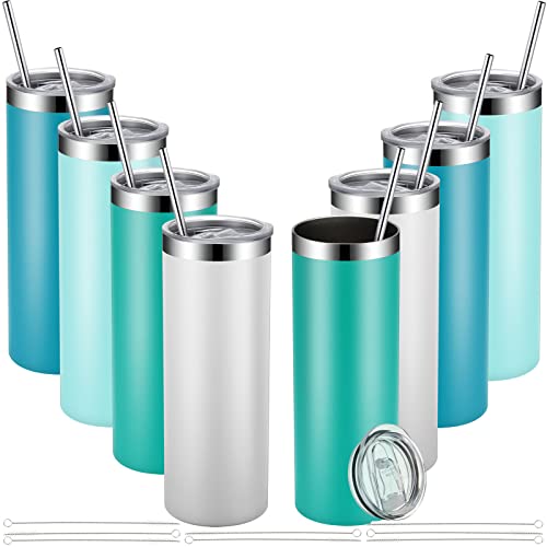 Skinny Tumblers 20 Oz Stainless Steel Tumbler Bulk with Lids and Straws Blank Slim Insulated Cup Double Layer Water Tumbler for Travel DIY(White Turquoise Blue Sky Blue8 Pcs)