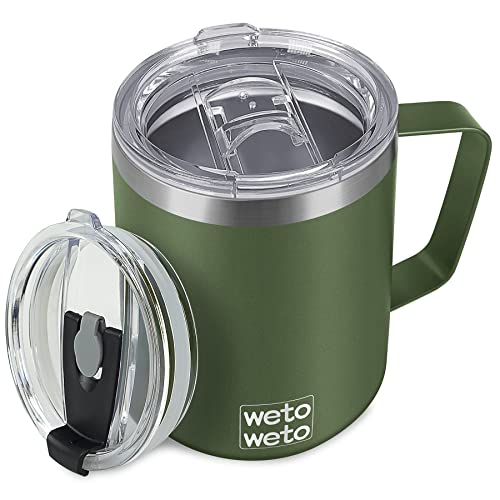WETOWETO Coffee Mug with Handle 14oz Insulated Stainless Steel Reusable Coffee Cup Double Wall Coffee Travel Mug Powder Coated Olive Green