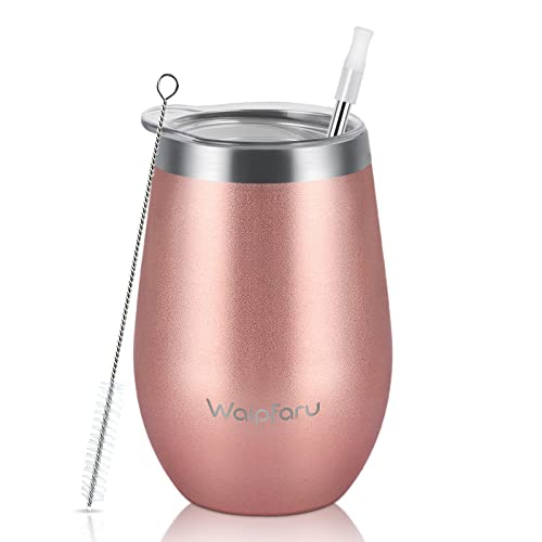 Waipfaru Wine Tumbler 14 Oz Insulated Wine Tumbler With Lid and Straw Stainless Steel Stemless Cup Double Wall Vacuum Wine Tumbler for Wine Coffee Cocktails Champagne ( Rose Gold)