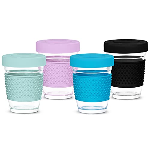 CREATIVELAND 12oz350ml Glass Travel Mugs Set of 4 Colored Reusable Coffee Cup with Leak Proof Silicone Lid Antiscald and Nonslip Novelty Coffee Mugs BPA Free Without Straw
