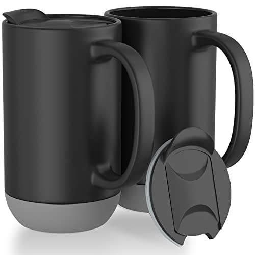 Ceramic Mug With Lid  Removable Waterproof Silicone Base (Set of 2)  17 oz Togo Coffee Cups With Lids  Silicone Bottom  Our Oversized Coffee Mugs Can Be Washed in Dishwasher  Black