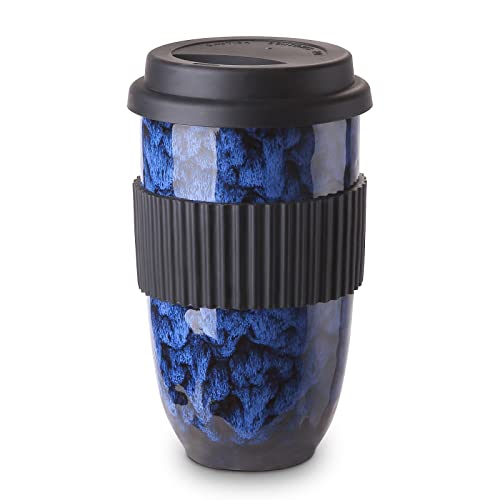 Qiuhome Reusable Coffee Cups Ceramic Portable Coffee Cup to Go Coffee Mug with Silicone Lid  145 FL OZ (Dark Blue)