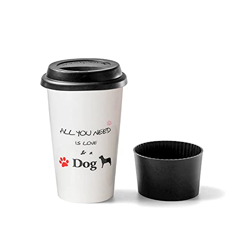 SANFENG Double Wall Ceramic Coffee Travel Mugs with silicone Lid 12oz portable Microware Safe Dishwasher safe Insulated Splash Resistant Lid Share with Pet (Black Dog Paw)