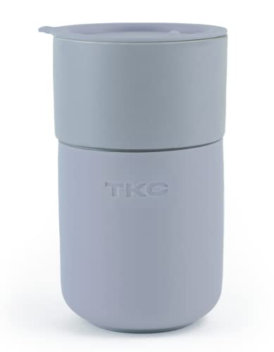 TKC Ceramic Coffee Mug with Lid Reusable Insulated Ceramic Travel Mug with Silicone Sleeve Anti Slip and Reusable Coffee Cup for Office Home Traveling Portable and Dishwasher Safe (Gray) (Gray Blue)