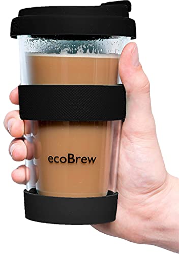ecoBrew Double Wall Glass Tumbler To Go Reusable Coffee  Tea Cup 12oz Insulated Clear Travel Mug with AntiSplash Silicone Lid Portable Microwavable  Black