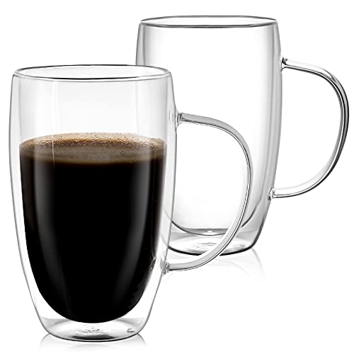 16 oz Double Wall Glass Coffee Mugs Set of 2 Insulated Glass Coffee Cups With Handle Large Clear Glass Coffee Mugs Perfect for Espresso Cappuccino Tea Latte Hot Beverage Wine Microwave Safe