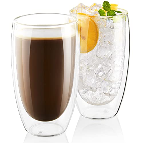 Bivvclaz Double Walled Glass Coffee Mugs 2Pack 15 Oz Borosilicate Glass Coffee Cups Thermo Insulated Glass for Latte Cappuccino Americano Tea milk Beverage Clear