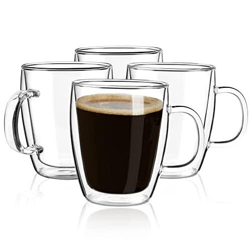 Double Wall Glass Coffee mugs (4Pcak) 16 OuncesClear Glass Coffee Cups with HandleInsulated Coffee GlassCappuccino CupsTea CupsLatte CupsBeverage Glasses Heat Resistant