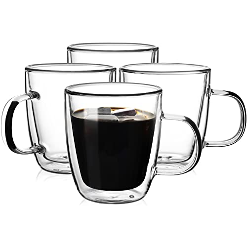 Hawnn Double Wall Insulated Coffee Mugs Glasses Set of 4 10 Ounces Glass Coffee Cup Set with Handle Gift for Latte Espresso Cappuccino Americano Beverage
