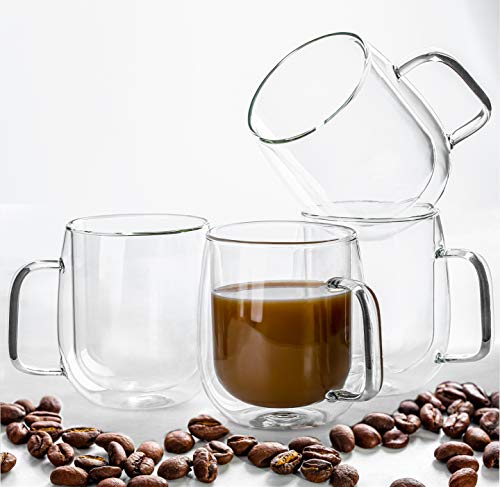 Hovico Insulated Coffee Mugs Glass Coffee Mugs Set of 4 Clear Coffee Mug 12 Oz Double Wall Glass Coffee Cups for Latte Cappuccino Americano Tea and Beverage