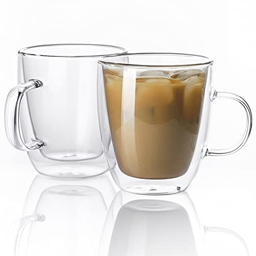 Kanwone Glass Coffee Mugs  125 Ounce  Double Wall Insulated Mug set with Handle Clear Coffee Mugs Perfect for Latte Americano Cappuccinos Tea Bag Beverage Set of 2
