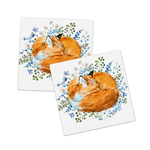 Ambesonne Fox Sandstone Coaster Set of 2 Sleeping Fox in Watercolors Hand Drawn Fresh Wild Flowers Blossoms Art Absorbant Square Coasters for Drinks Mug Cups 425 Orange Blue Olive Green