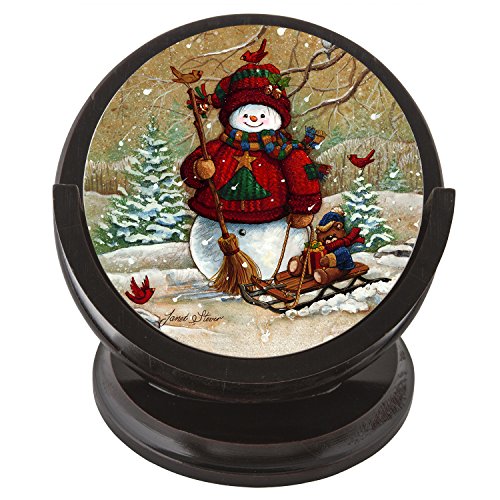 Thirstystone Snowman Sandstone Coaster Set with Wood Holder Included Multicolor