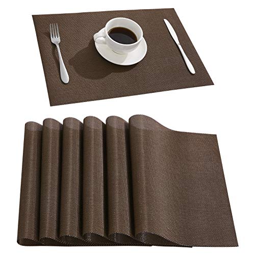 DOLOPL Brown Placemat Placemats Waterproof Placemats Set of 6 Crossweave Woven Vinyl Laminated Table Mat Easy to Clean Heat Resistant Wipeable Placemats for Dining Table