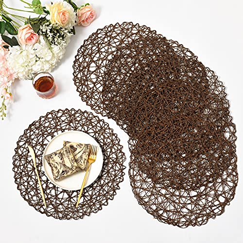 IcosaMro Brown Round Placemats Set of 6 for Dining Table 149 Inches Paper Woven Boho Decorative Tan Circle Place Mat for Wedding Christmas Thanksgiving Day Holiday Dinner Tan Brown