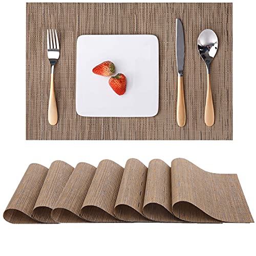 Myir JUN Place Mats Table Mats Set of 8 Indoor Placemats Washable NonSlip Heatproof Woven Placemats for Dining Table Fabric Place Mat PVC (Light Brown Set of 8)