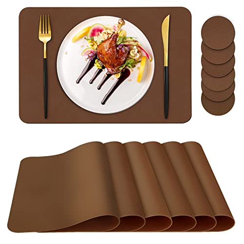 Placemats Set of 6 Placemat with Coasters Heat Stain Scratch Resistant NonSlip Waterproof OilProof Washable Wipeable Outdoor Indoor for Dining Patio Table Kitchen Decor and Kids，（Brown 6）