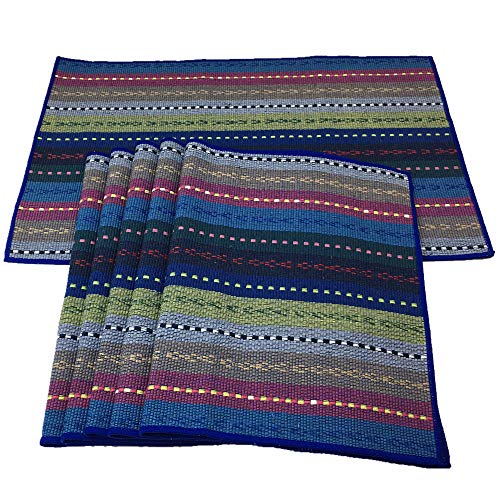RedA Hand Woven with 100 Cotton Placemats Colorful Placemats Braided Ribbed Durable HeatInsulation Table Mats Set of 6Blue