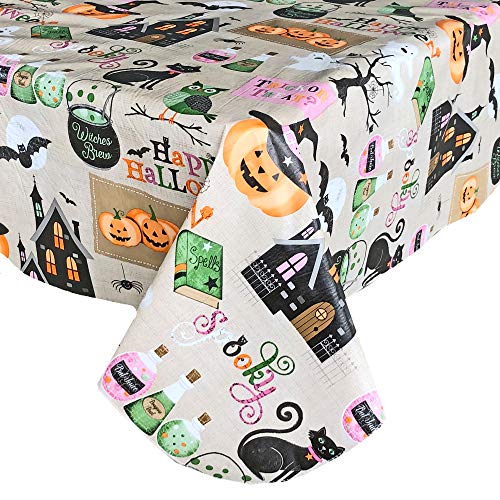 Newbridge Happy Halloween Witches Brew Vinyl Flannel Backed Tablecloth  Ghosts Bats Witches Spells and Haunted House Halloween Tablecloth Easy Care Wipe Clean 60 in x 102 in OblongRectangle